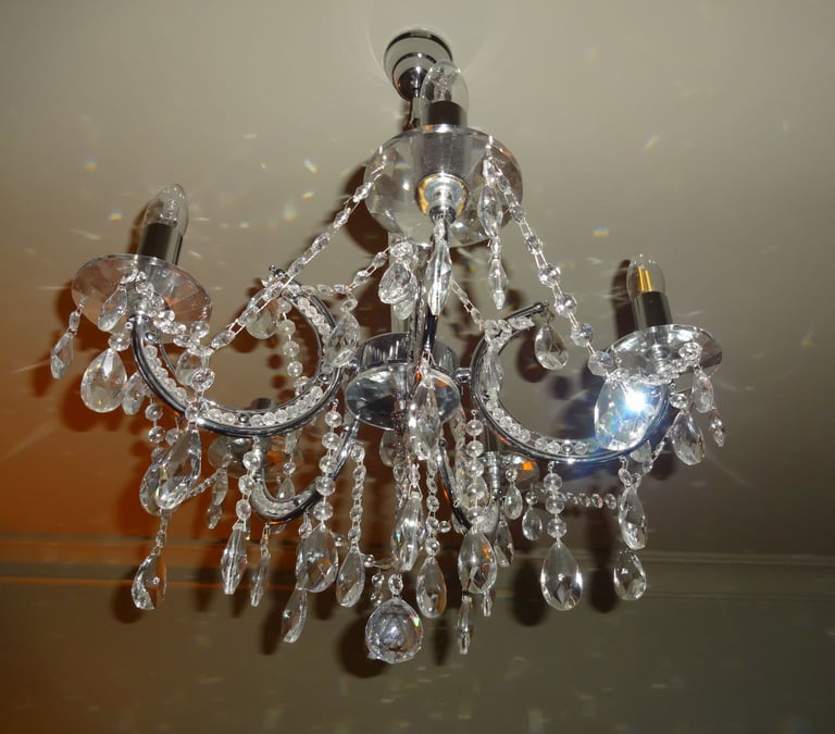 image for Elegant Chrome & Crystal 5-Arm Chandelier Ceiling Light – Excellent Condition