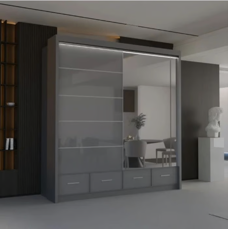image for Brand New - Sysylia Mirror Sliding Door Wardrobe - Grey - SAME/NEXT DAY DELIVERY