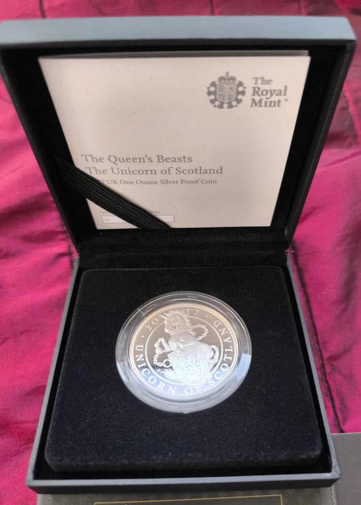 image for 2017 Silver Proof Unicorn of Scotland 2 pound (1 Oz) coin, COA, boxed.(A little toned)