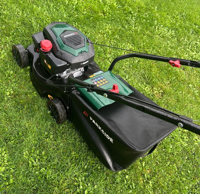 Parkside 16”cut petrol lawnmower As NEW maintenance free poly deck mower 