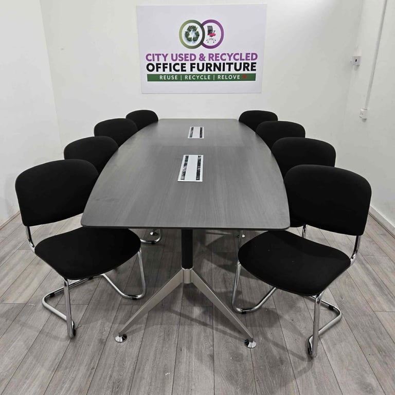  Executive Boardroom Table, Anthracite / Chrome, Comms Boxes, W3000mm w/ 8 x Conference Chairs