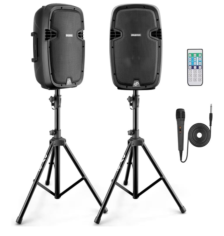 Pyle 1000W Bluetooth PA System – Portable 26cm DJ Speakers with Stands & Wireless Microphone