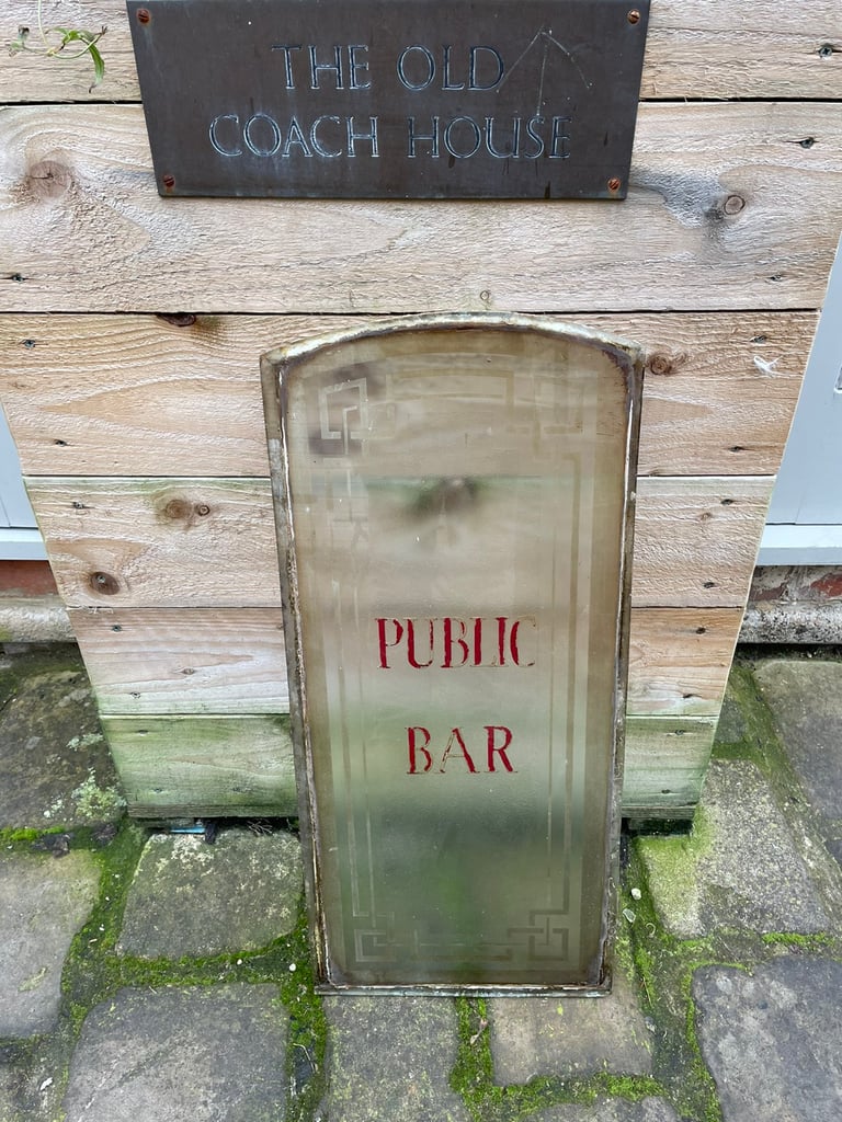 Antique etched pub door glass with PUBLIC BAR in red Home Bar Man Cave