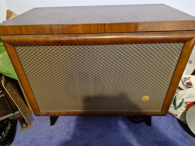 image for GEC radiogram with stereo AM radio and turntable for vinyl records. In high quality walnut cabinet.