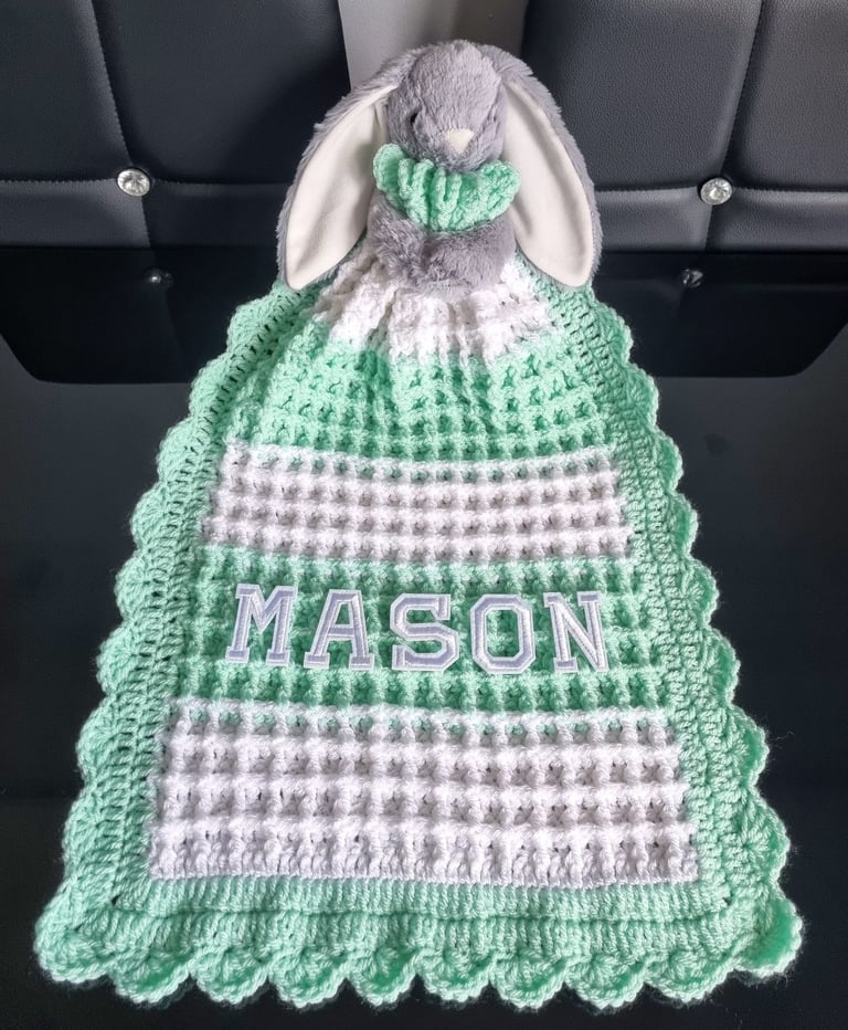 Crochet Baby Comfort Blanket, Personalised, Girls and Boys colours available