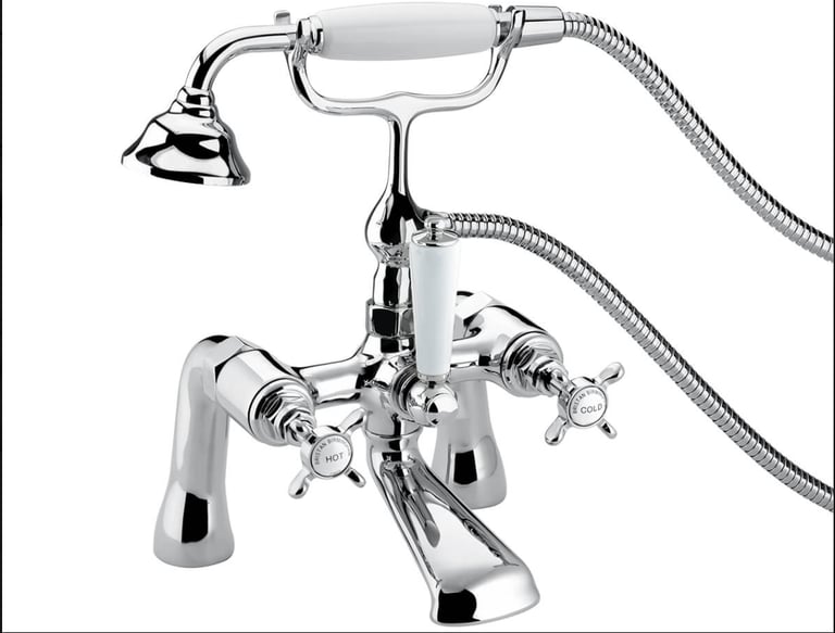 Bristan Traditional Chrome Bath Mixer Tap with Shower Handset and Hose - Crosshead Handless