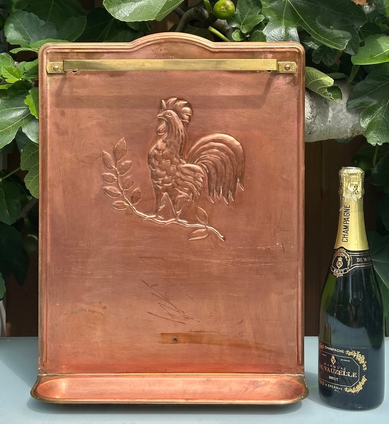 VINTAGE FRENCH COPPER KITCHEN UTENSIL RACK, COQ, COCKEREL HANGING RAIL - 49x37cm - WILL POST!