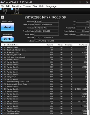 INTEL DC S3520 Series Inch MLC SATA SSD 99% Health