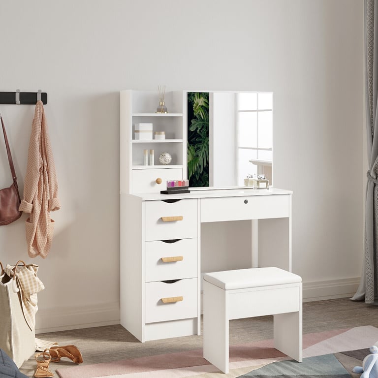 New White 5 Drawers Makeup Desk + Sliding Mirror and Stool RRP £220 Our Price £145