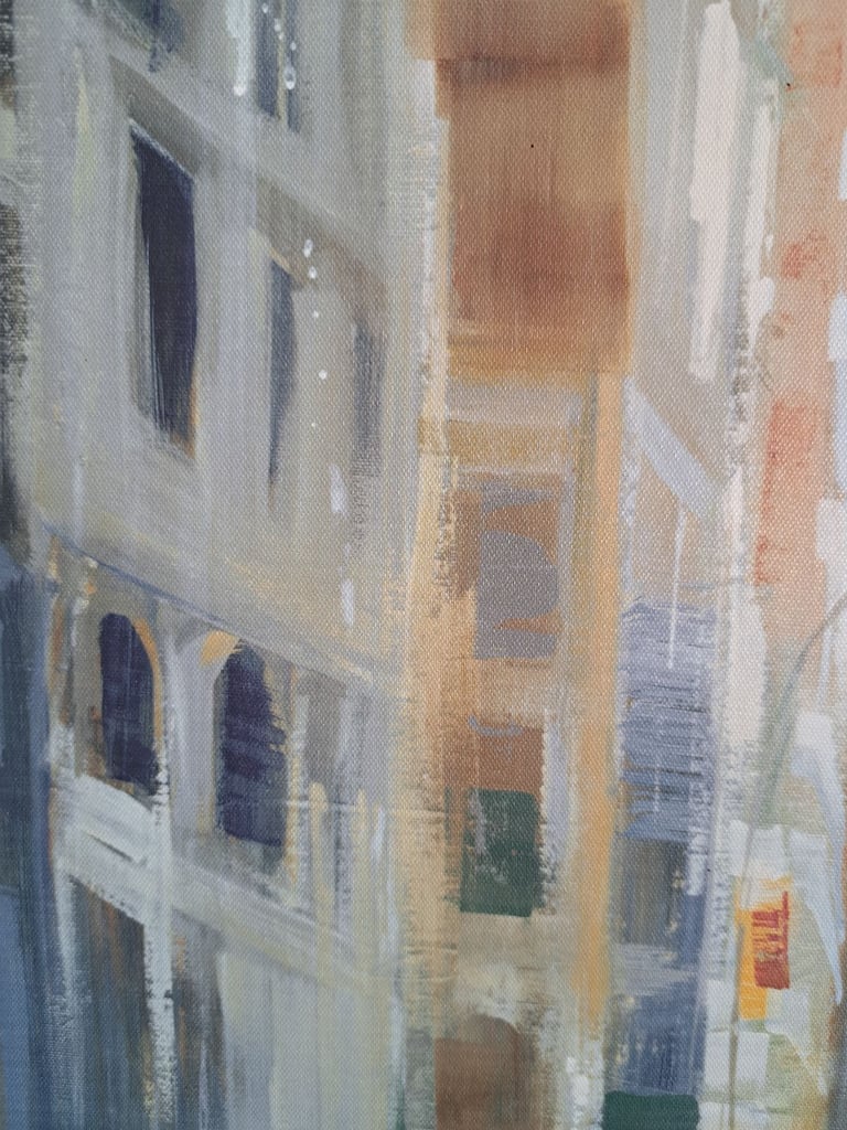 Tan white grey and black cityscape artwork 