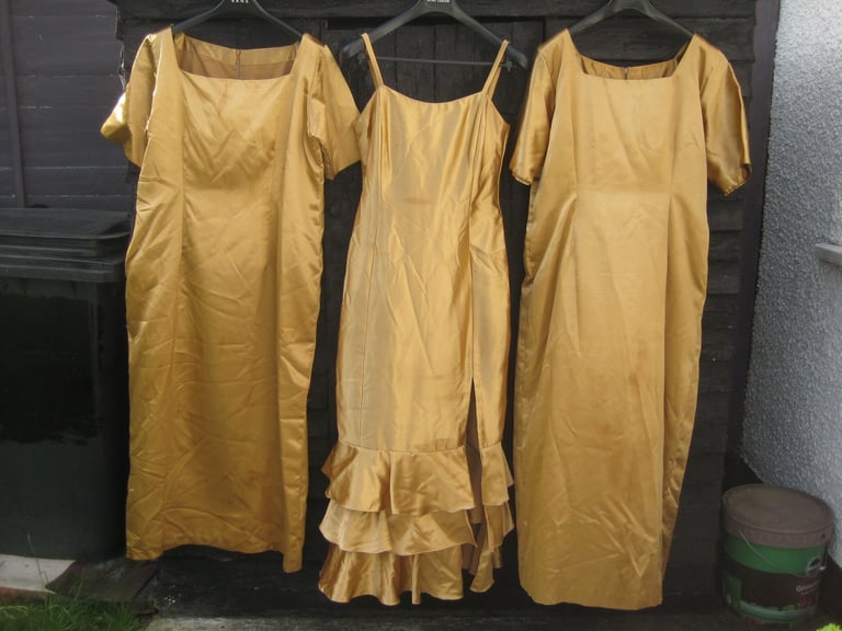 3 Gold Coloured Dresses: One with Shawl for £4.00, The Other Two for £3.00 EACH