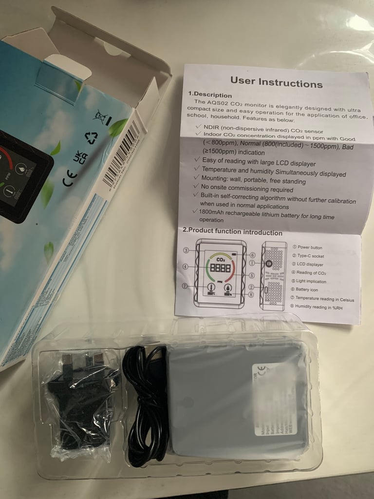 Suntell Air Quality CO2 Monitor AQS02 LCD Display with Power Cord - NEW