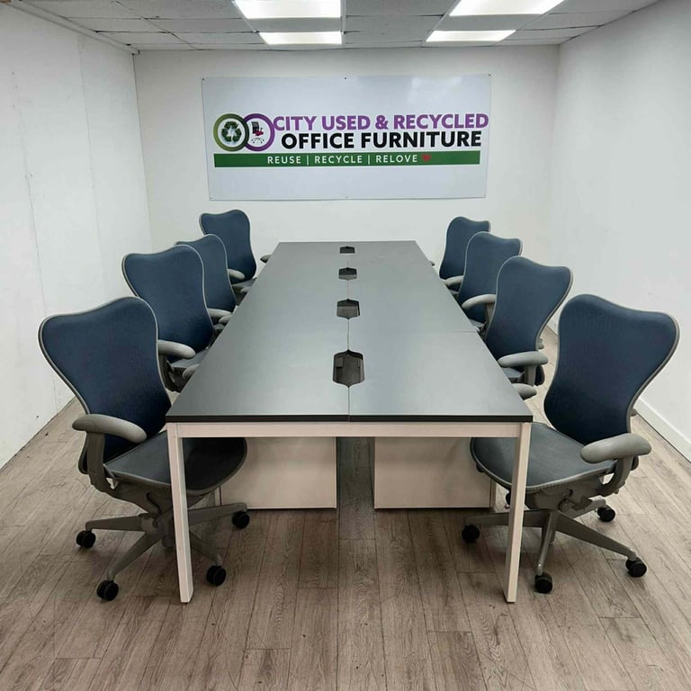 8-Person Bench Desking – Grey/White, Scalloped Tops for Cable Management