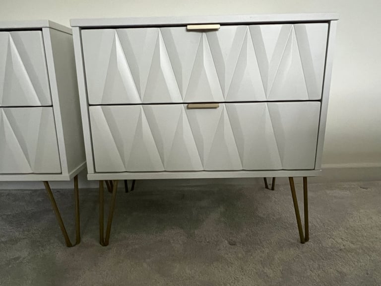 Bedside tables white wood two drawer and gold metal hairpin legs