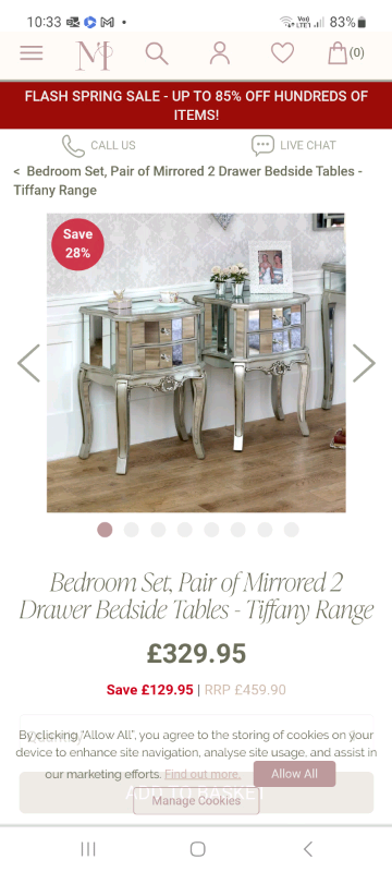 Venetian mirrored bedside tables x 2
