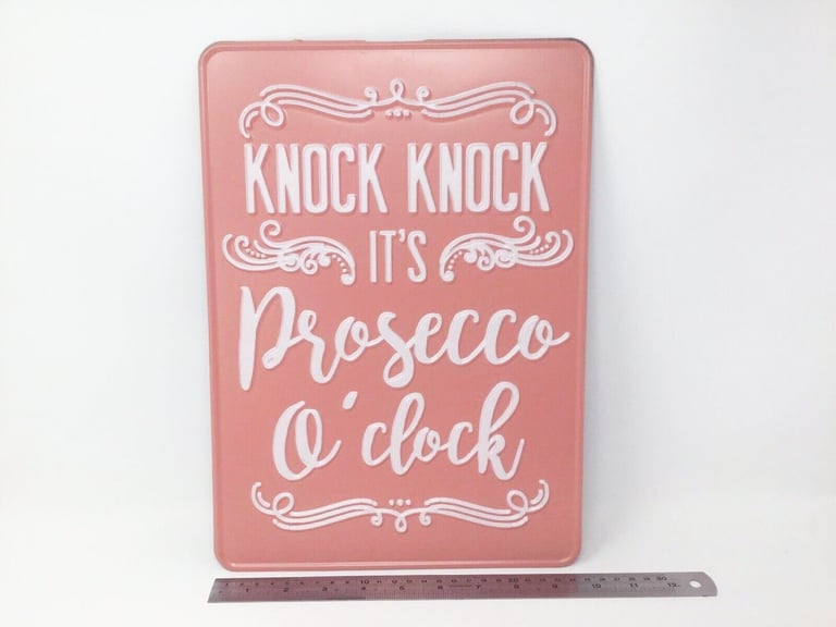 image for Knock Knock It's Prosecco O Clock Time Fun Kitchen Metal Sign - Funny Plaque Pink Home Decor Art NEW