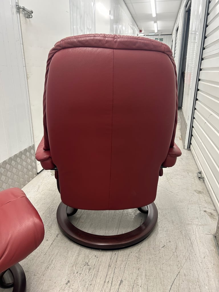 Ekornes Stressless Sunrise Recliner Red Leather Chair & Footstool - Medium Size