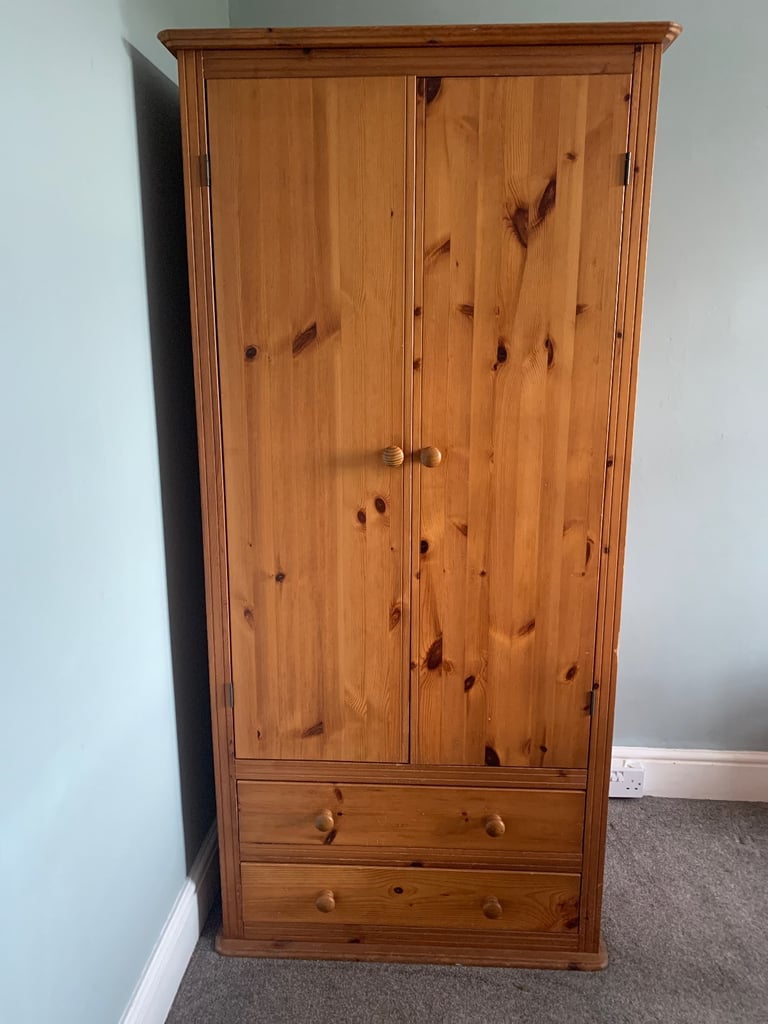 Pine double wardrobe with two drawers 