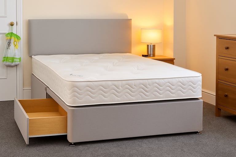 image for Stylish Upholstered Divan Bed with Storage Ideal for Small Double or King Bedrooms