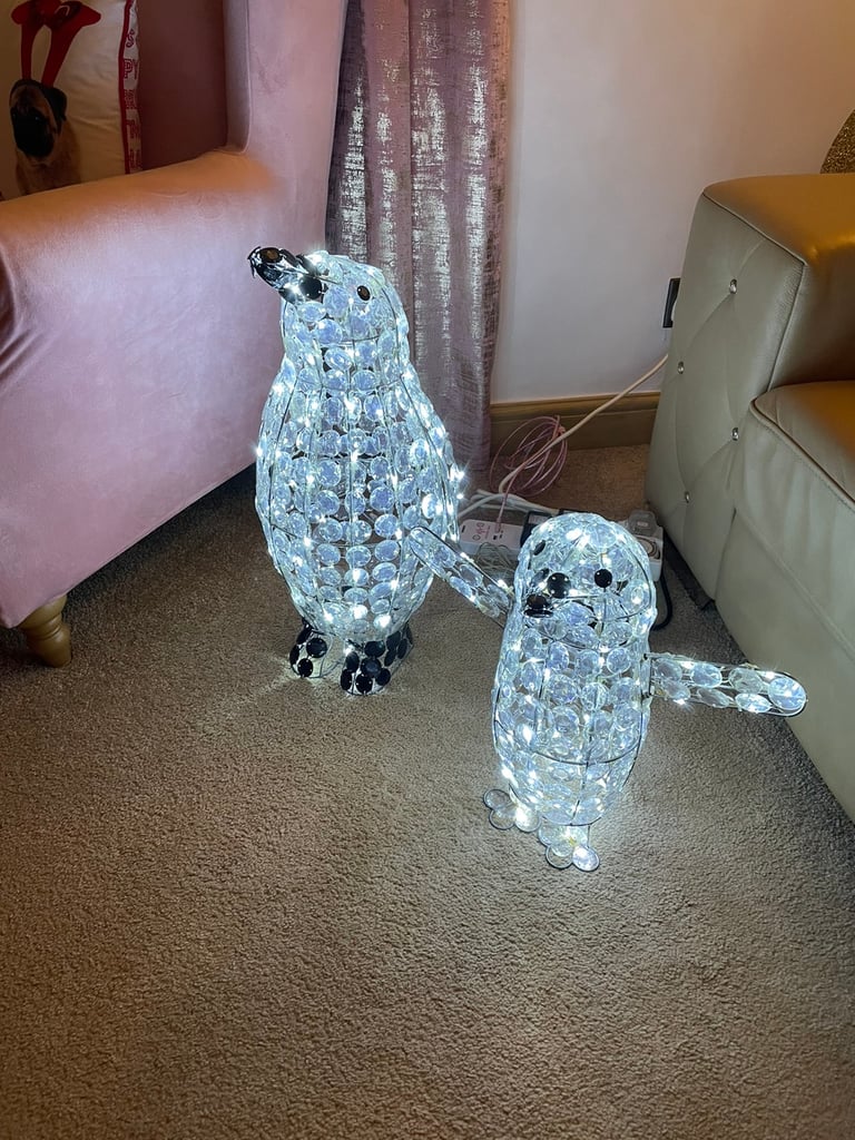 Set of two crystal gem light up outdoor penguins