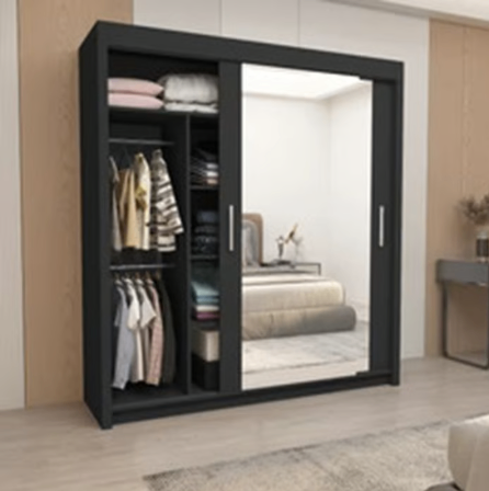 image for Brand New - Chicago Mirror Sliding Door Wardrobe - Black - SAME/NEXT DAY DELIVERY