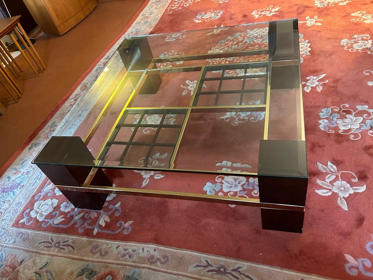 image for Mid century modern Hollywood regency brass glass & wood square coffee table 