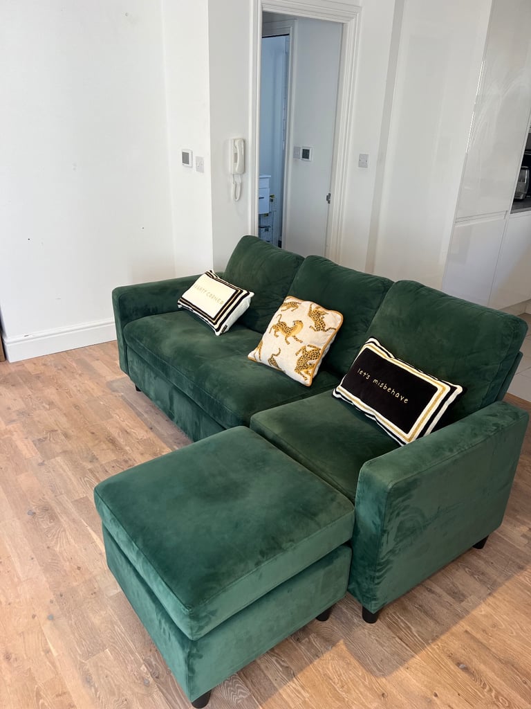 image for Green velvet L shaped sofa