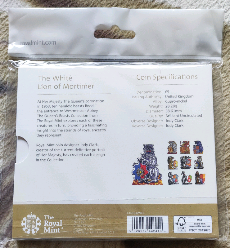 Queens Beasts White Lion 2020 5 pound coin,RM