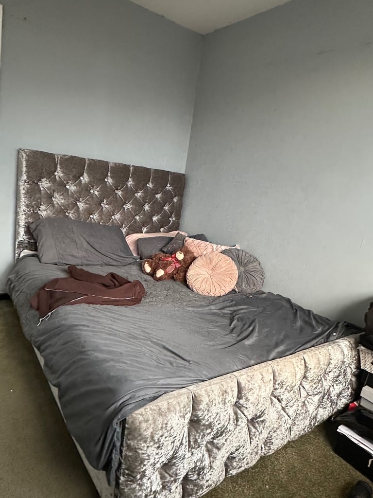 image for Grey Velvet Double Bed - Good Condition