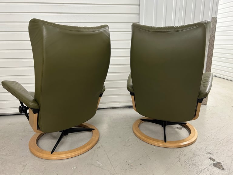 Ekornes Stressless Medium Signature Wing Dark Olive Leather Chairs & Footstool