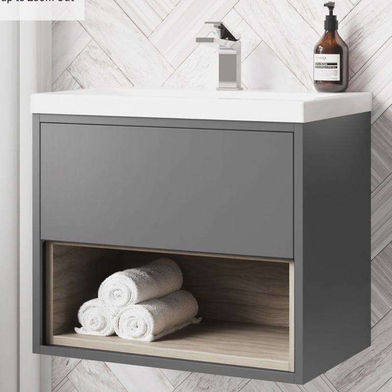 image for Arezzo Senza 600mm Matt Grey / Vicenza Oak Wall Hung Vanity Unit with Open Shelf