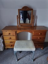 1980's pine dressing table, mirror and stool.