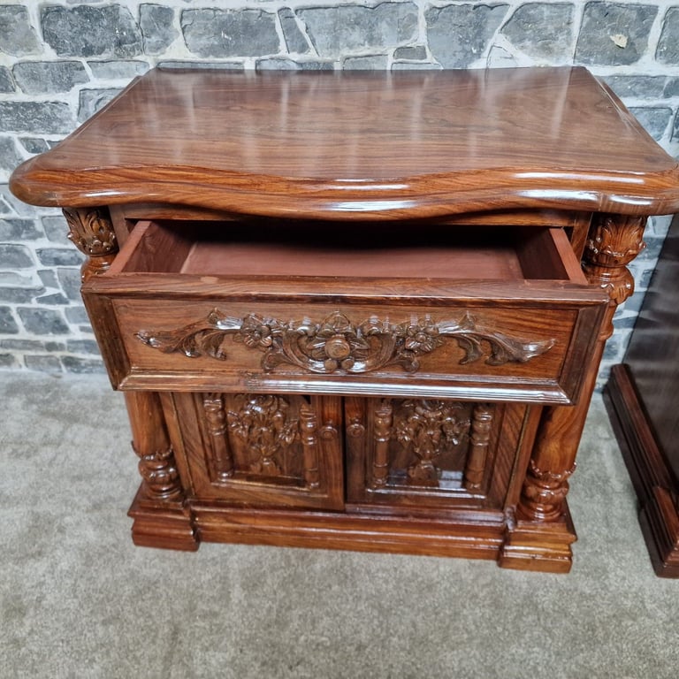 Pair of Hand-Carved Wooden Bedside Cabinets