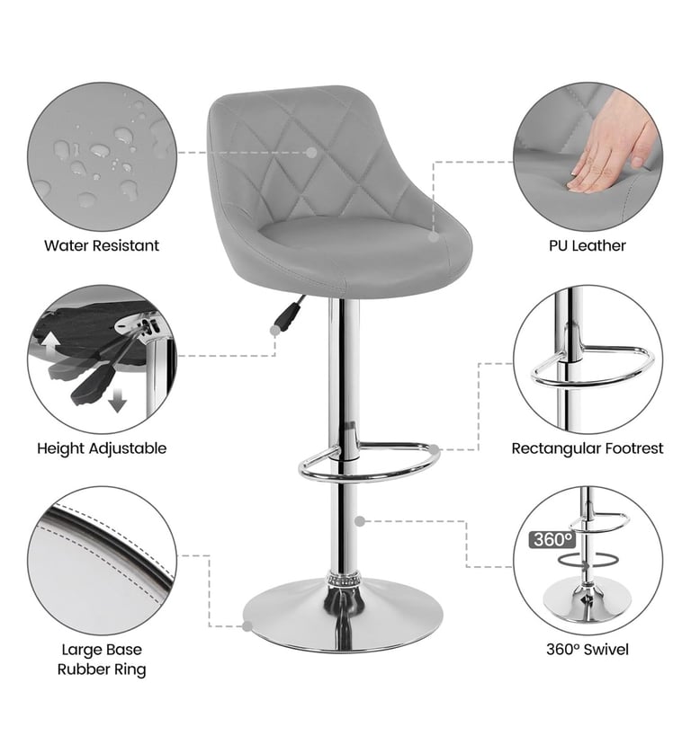 Bar Stools Set of 2, PU Leather Breakfast Kitchen Stool with Adjustable Swivel