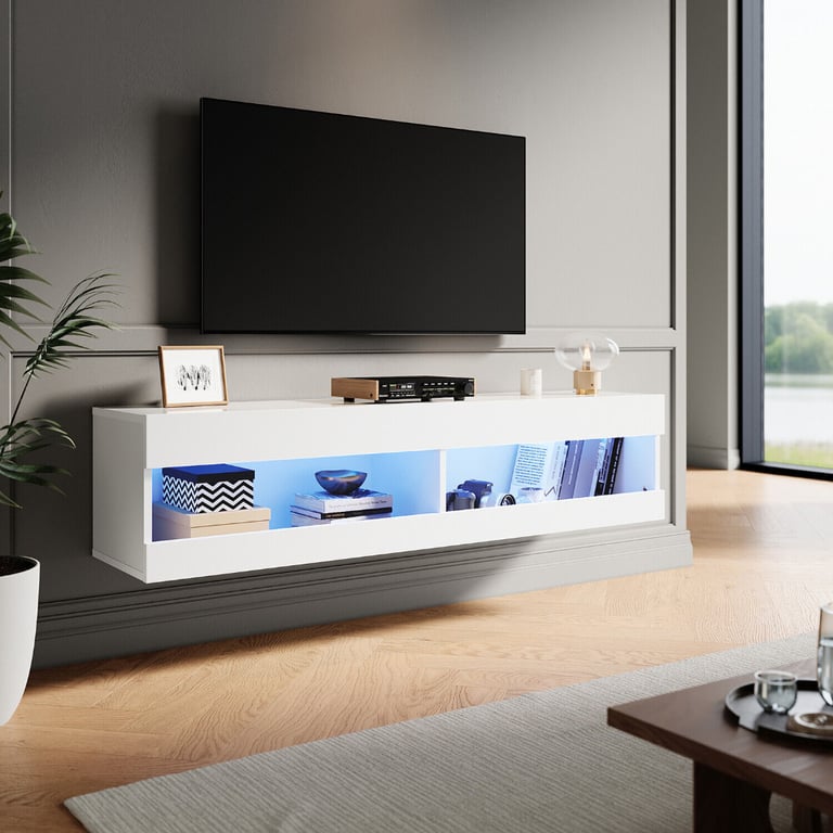 New White Floating TV Stand Unit Led Lights 130cm RRP 150 Our