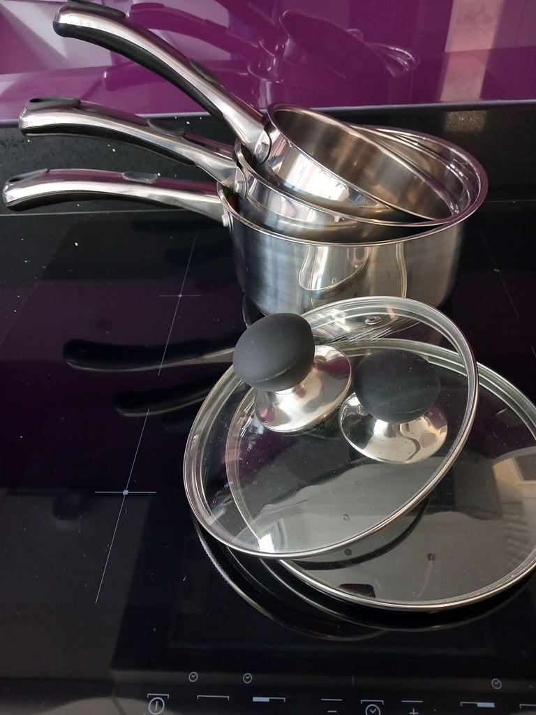 image for Set of 3 stainless steel Saucepans, any hob type, milk pan and 2 lidded pans