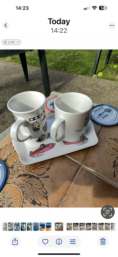AS   new classic car drinking mugs with  small  biscuit  plate  &   Coasters     £7   Bristol  