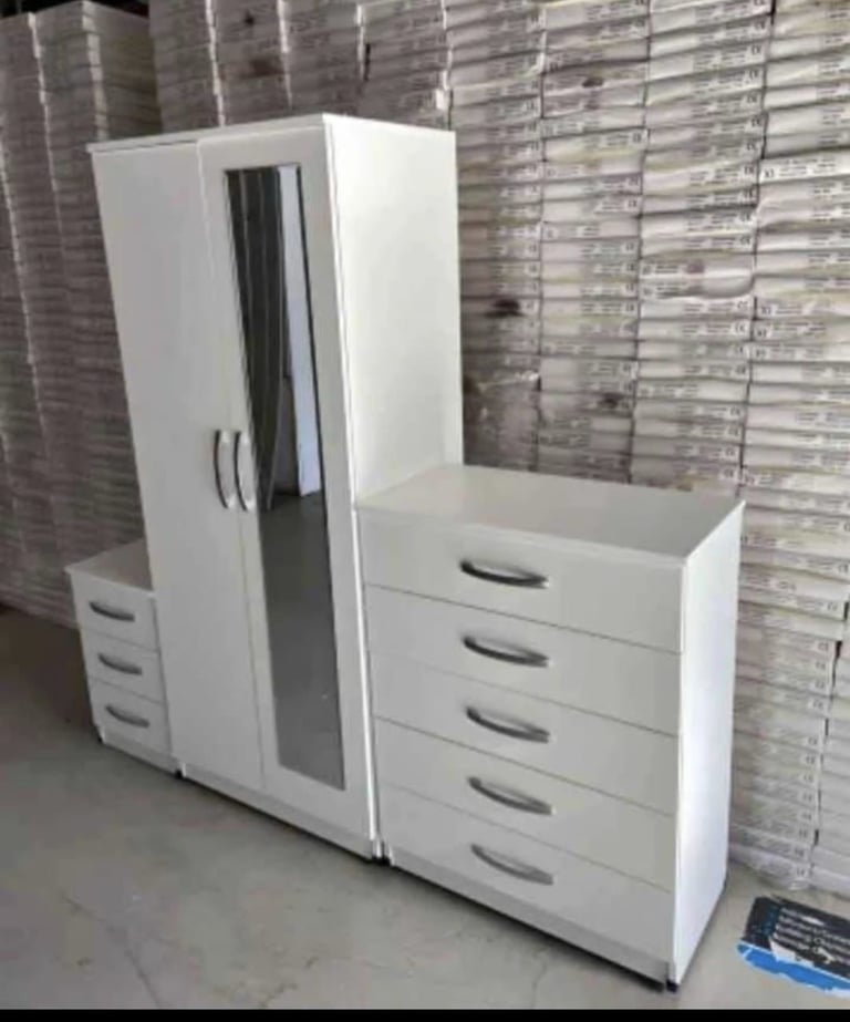 image for Got it Today brand new fully assembled 2 door wardrobe set with bedside table and chest of 5 drawer