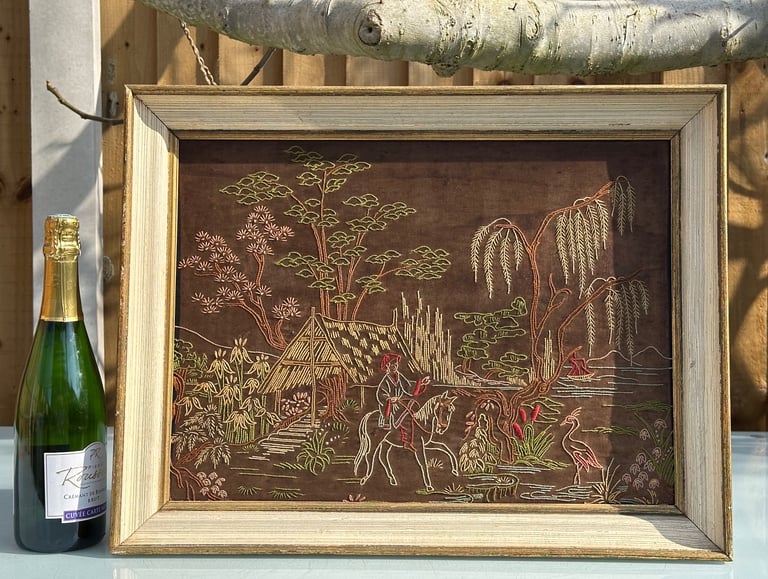 image for ANTIQUE FRAMED CHINESE SILK EMBROIDERY TAPESTRY PICTURE, 78x45cm - 1900s - WILL POST!