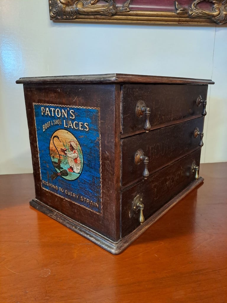Edwardian Paton's Boot & Lace Cabinet Small Shop Counter Advertising Stand Haberdashery