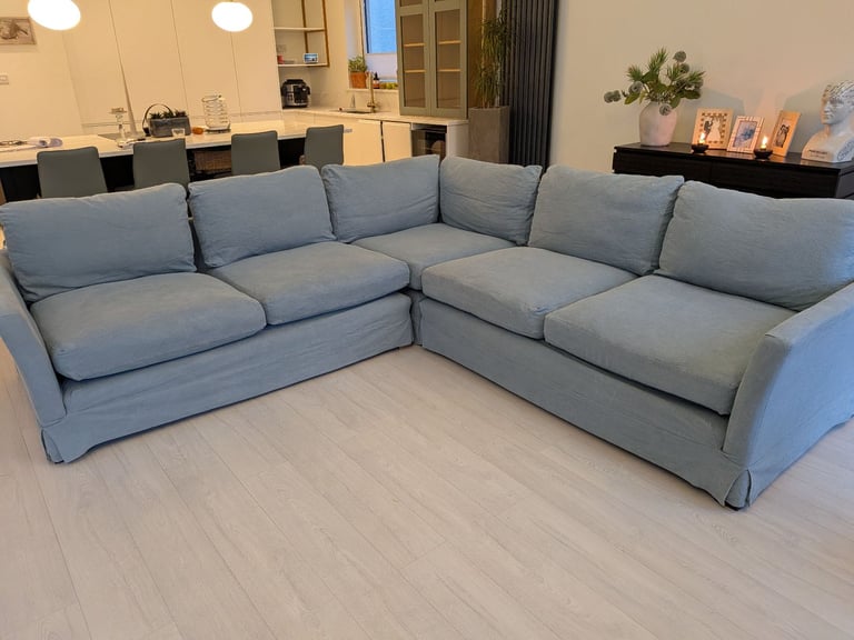 ONO..Stunning superior corner sofa, light blue quality feather filled and foam sofa