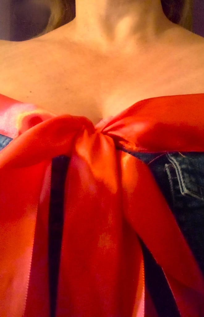 image for Off The Shoulder Denim Buttoned Mid Length Red Ribbon Bow Body Con Dress.Size 18.POST OR COLLECT!