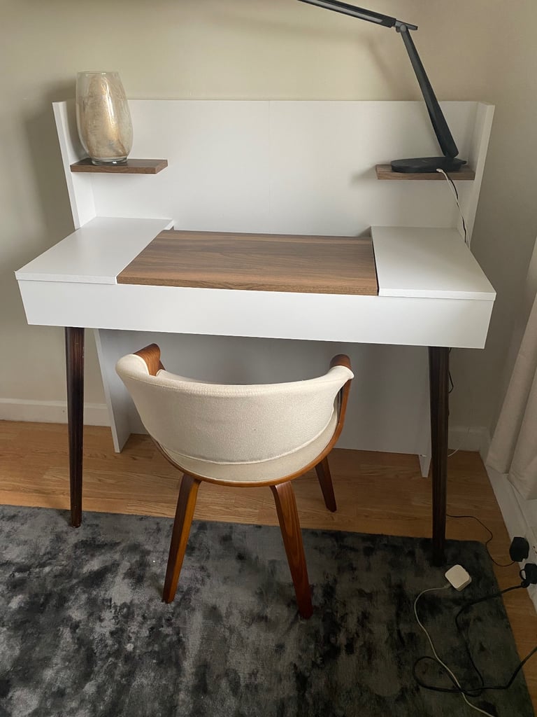 image for Modern White Vanity Desk with Hidden Mirror & Storage With Chair