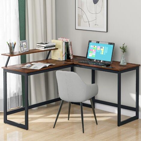 L-shaped desk, rustic brown.