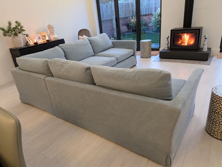 ONO..Stunning superior corner sofa, light blue quality feather filled and foam sofa