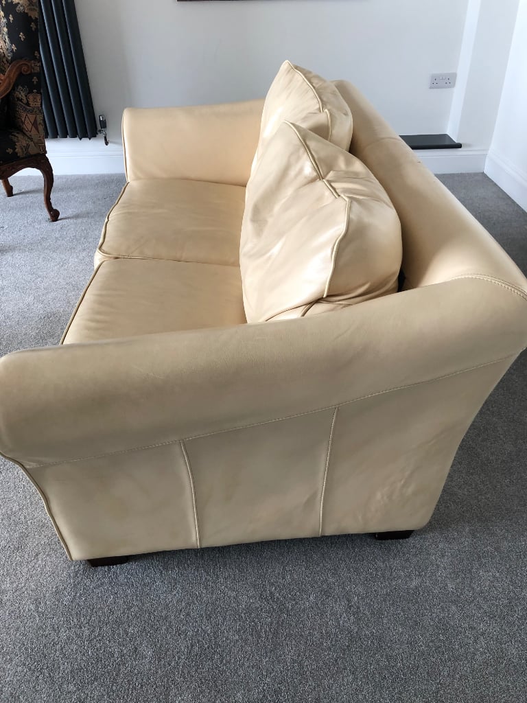 High quality leather settee, sofa, cream, 193cm, two seater