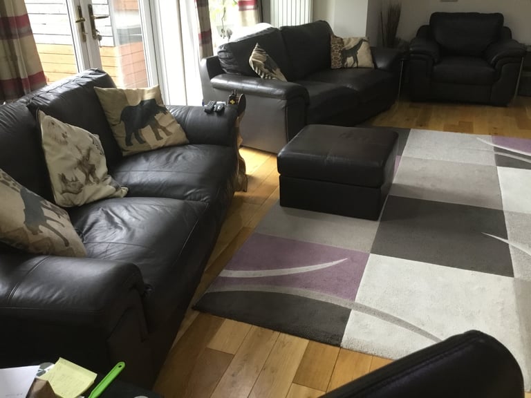 image for 2 Large Sofas, 1 Chair, 1 Stool - brown leather