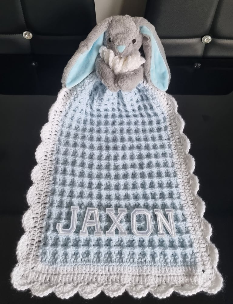 Crochet Baby Comfort Blanket, Personalised, Girls and Boys colours available