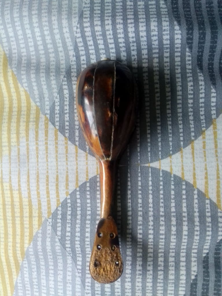 Vintage very collectable miniature wooden guitar with mother of pearl inlay 