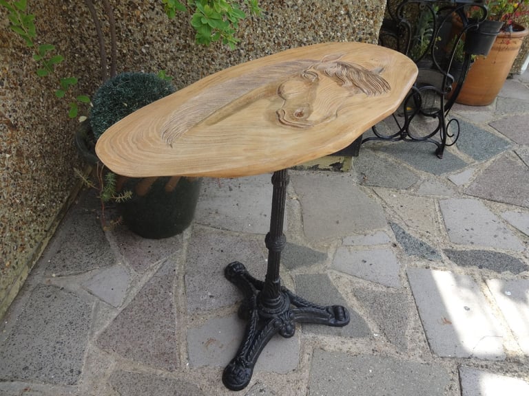 LIVE EDGE TABLE ~ CAST IRON PEDESTAL BASE WITH SLAB OF OAK TOP ~